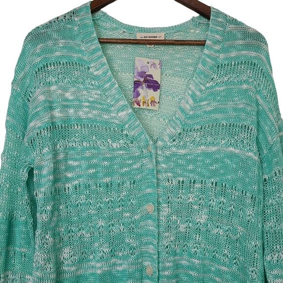EE:SOME Womens Knit Cardigan Sweater Top Shirt Green White Button Down Size M L - Picture 2 of 12